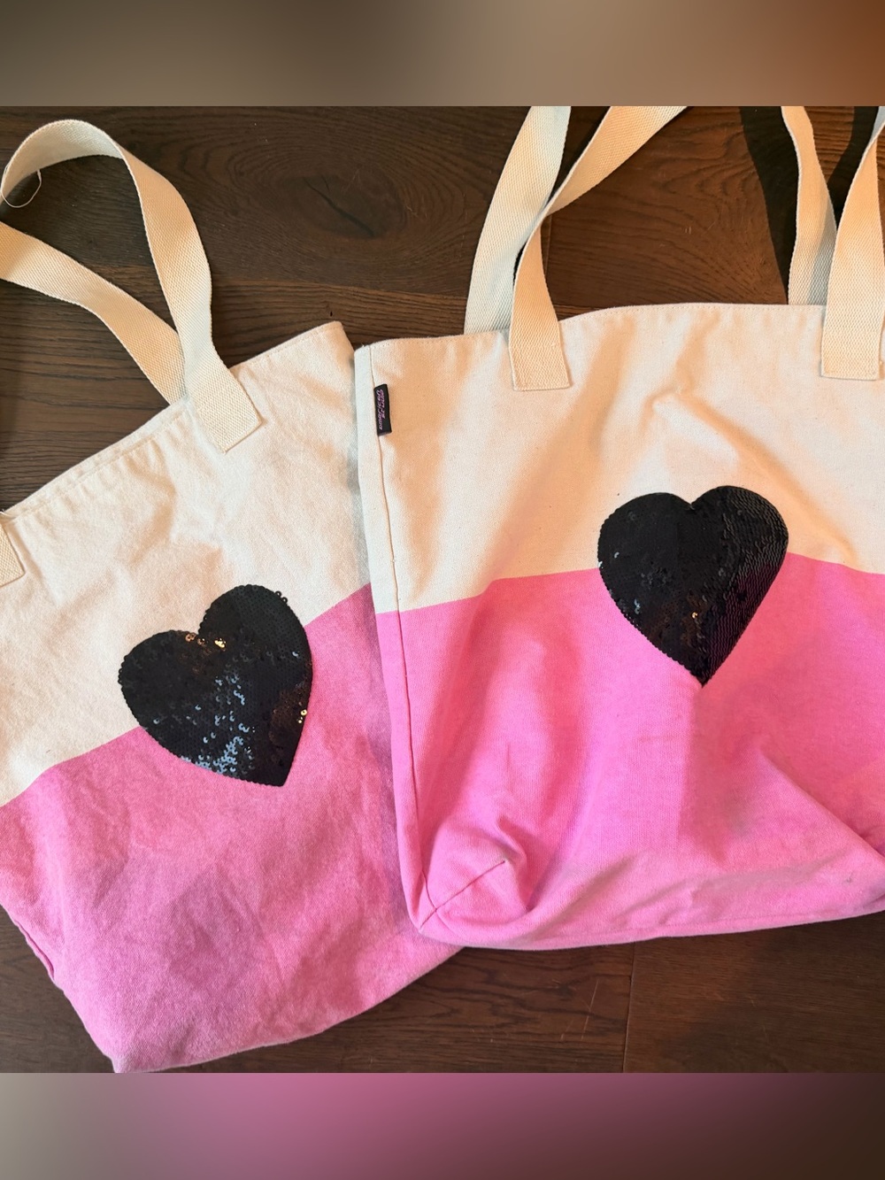 2 Canvas Pink and Cream Totes with Black Sequin Heart